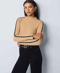 Ann Taylor Weekend Collection Crochet Trim Mock Neck Top Cafe Au Lait Women's