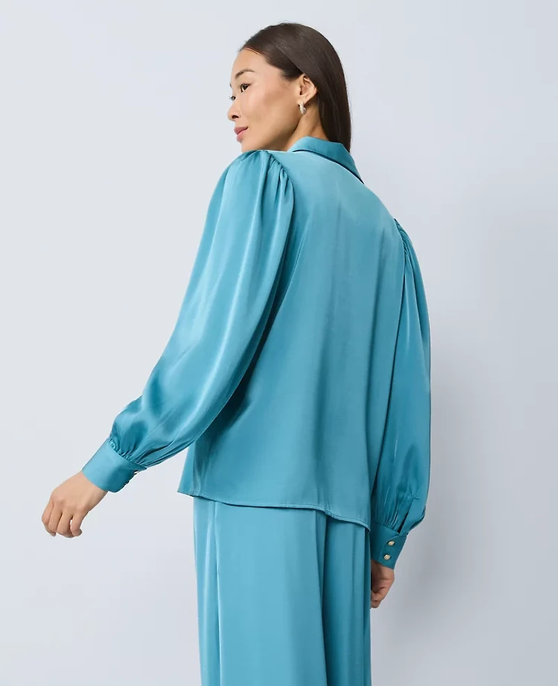 Ann Taylor Satin Blouson Sleeve Blouse Moroccan Turquoise Women's
