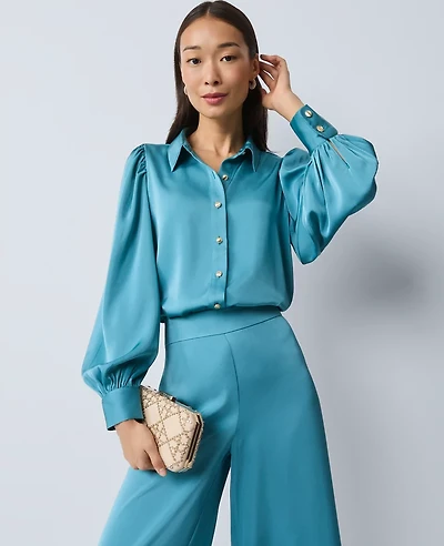 Ann Taylor Satin Blouson Sleeve Blouse Moroccan Turquoise Women's