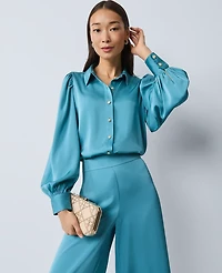 Ann Taylor Satin Blouson Sleeve Blouse Moroccan Turquoise Women's