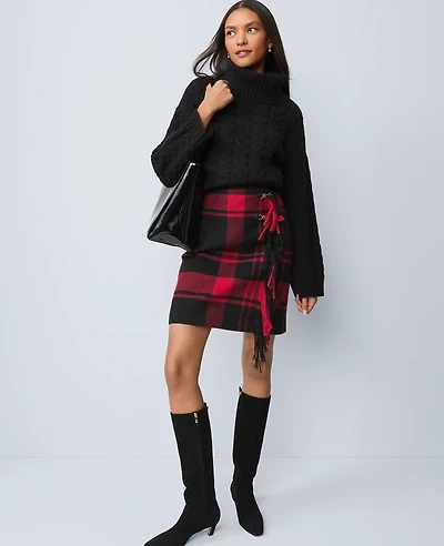 Ann Taylor Weekend Collection Plaid Wrap Effect Skirt Black Women's