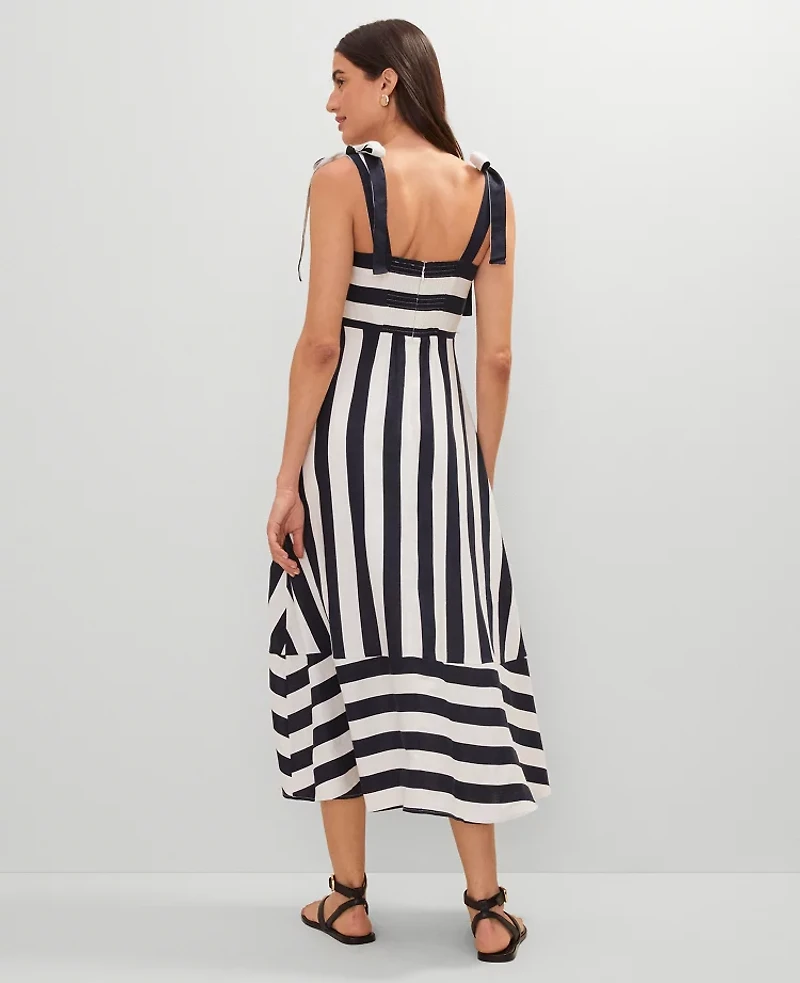 Ann Taylor Petite Weekend Collection Striped Linen Blend Midi Dress Size 12 Night Sky Women's