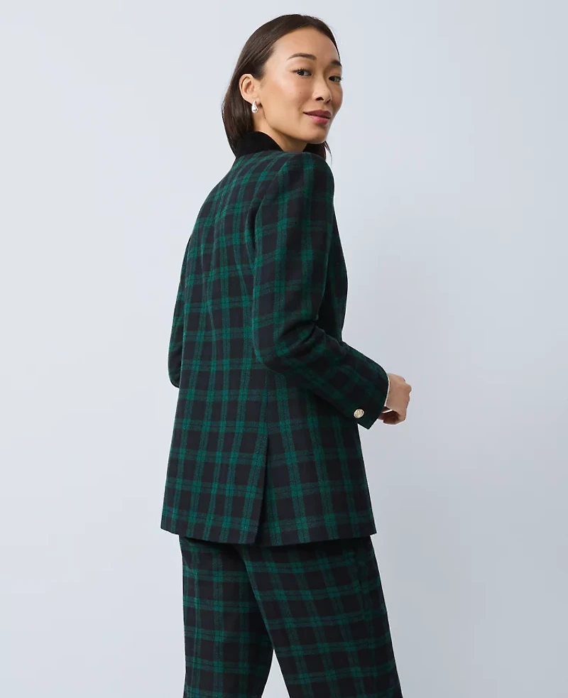 Ann Taylor The Long Collarless Blazer Plaid Rainforest Women's