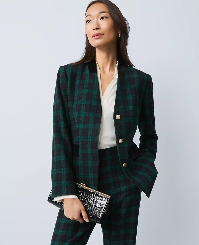 Ann Taylor The Long Collarless Blazer Plaid Rainforest Women's