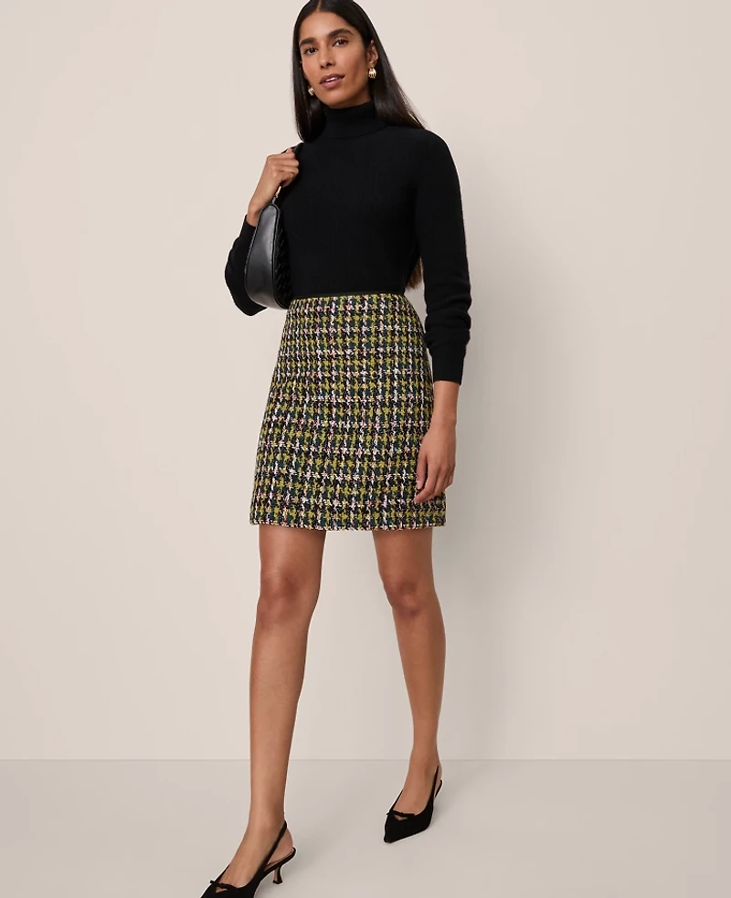 Ann Taylor Petite Houndstooth Tweed Skirt Green/Navy Multi Women's