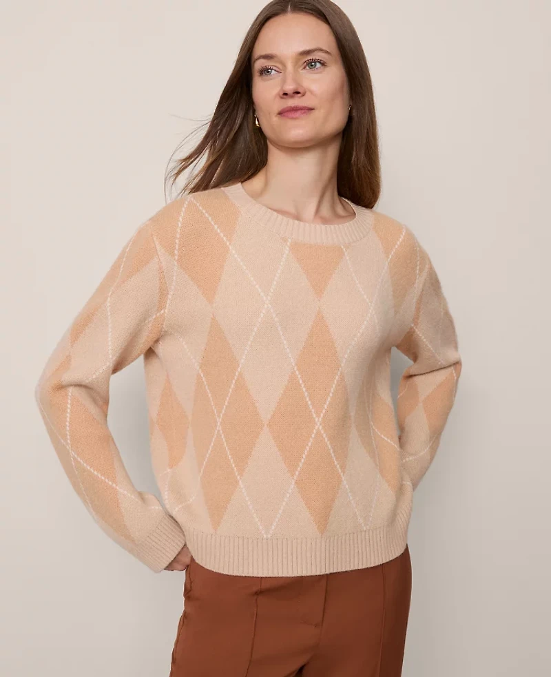 Ann Taylor Argyle Crew Neck Sweater Almond Croissant Women's