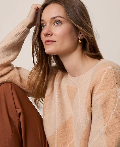 Ann Taylor Argyle Crew Neck Sweater Almond Croissant Women's