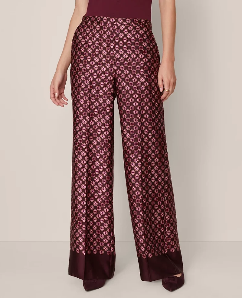 Ann Taylor The Petite Wide-Leg Pant Satin Geo Print Poised Plum Women's