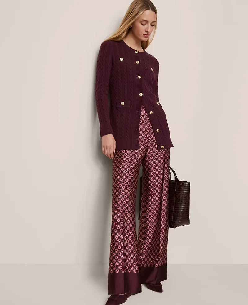 Ann Taylor The Petite Wide-Leg Pant Satin Geo Print Poised Plum Women's