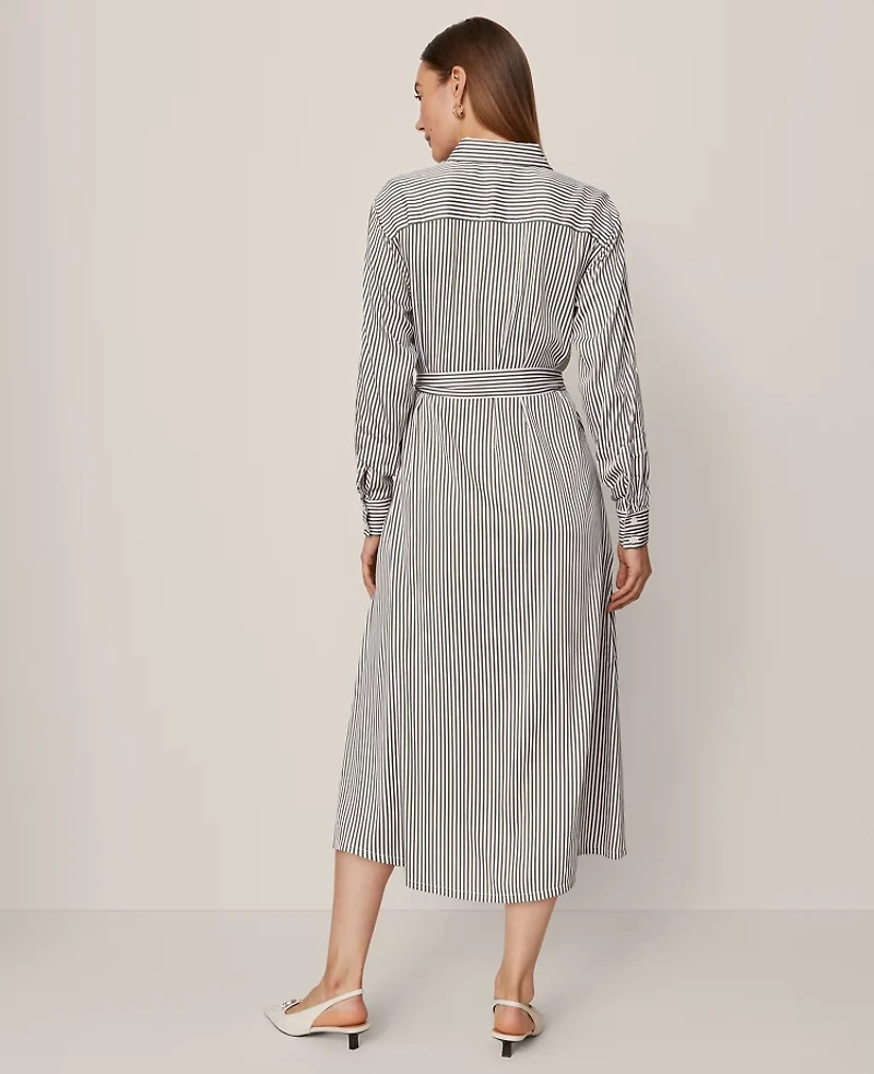 Ann Taylor Petite Striped Collared Midi Shirtdress Muted Moss Women's