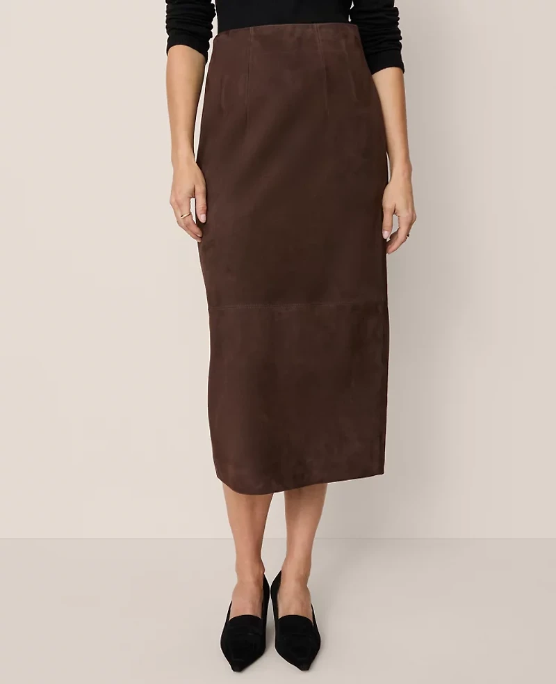 Ann Taylor Studio Collection Seamed Pencil Skirt Suede Pure Chocolate Women's