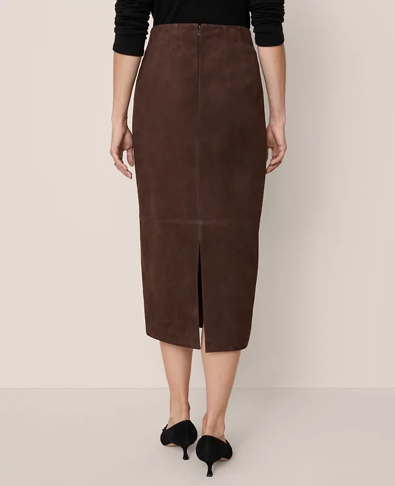 Ann Taylor Studio Collection Seamed Pencil Skirt Suede Pure Chocolate Women's