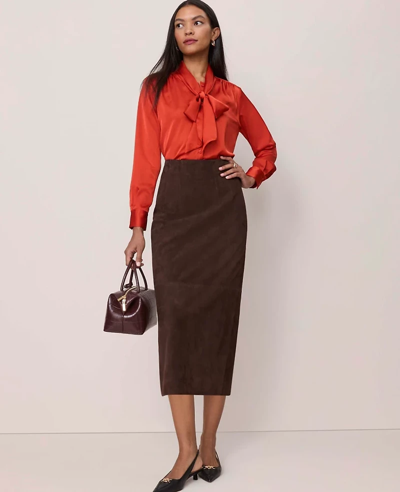 Ann Taylor Studio Collection Seamed Pencil Skirt Suede Pure Chocolate Women's