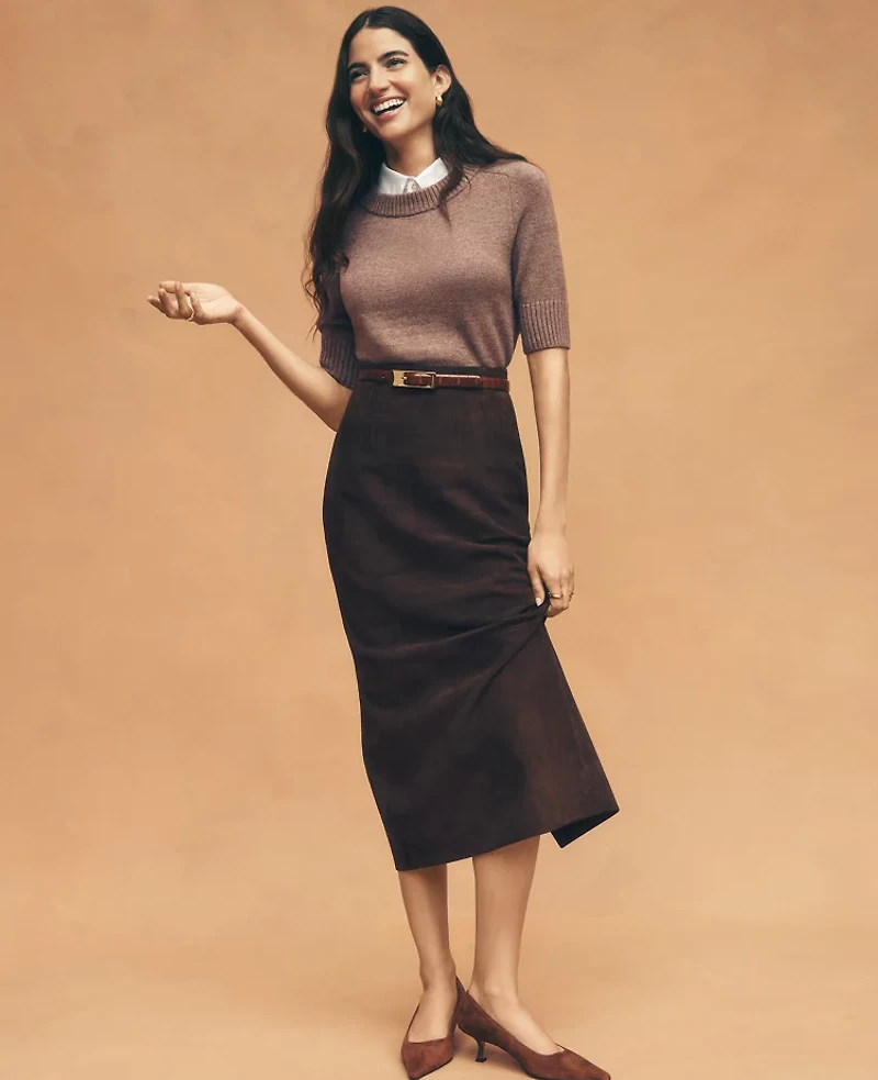 Ann Taylor Studio Collection Seamed Pencil Skirt Suede Pure Chocolate Women's