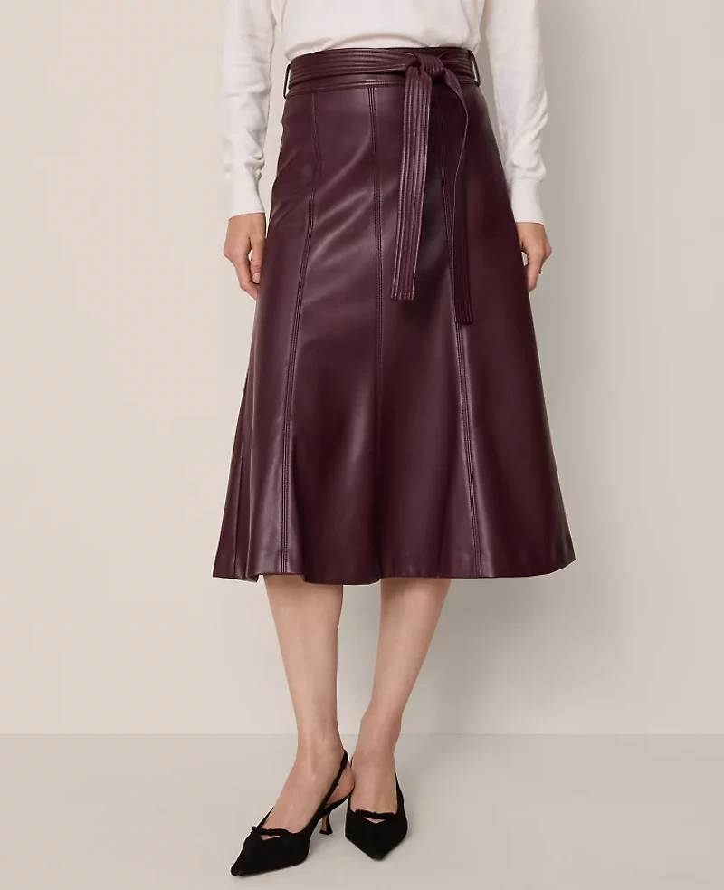 Ann Taylor Belted Faux Leather Skirt Poised Plum Women's