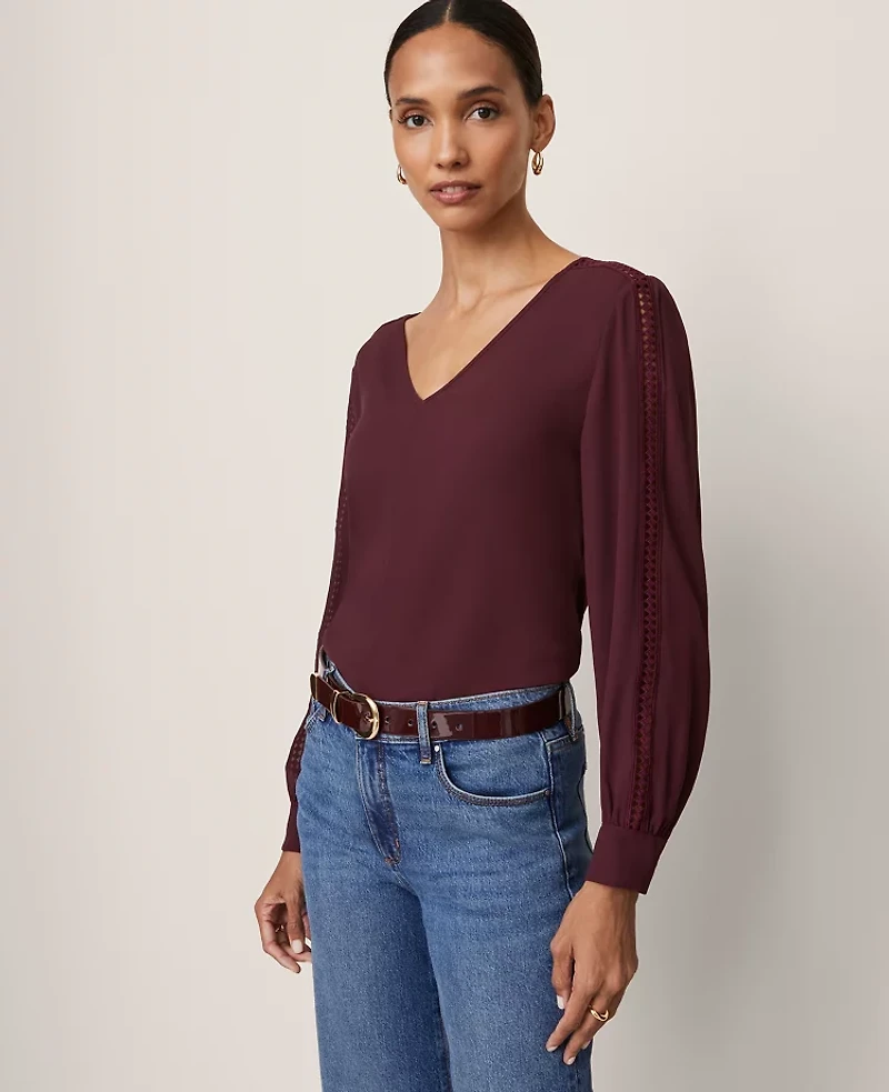 Ann Taylor Lace Trim Top Poised Plum Women's