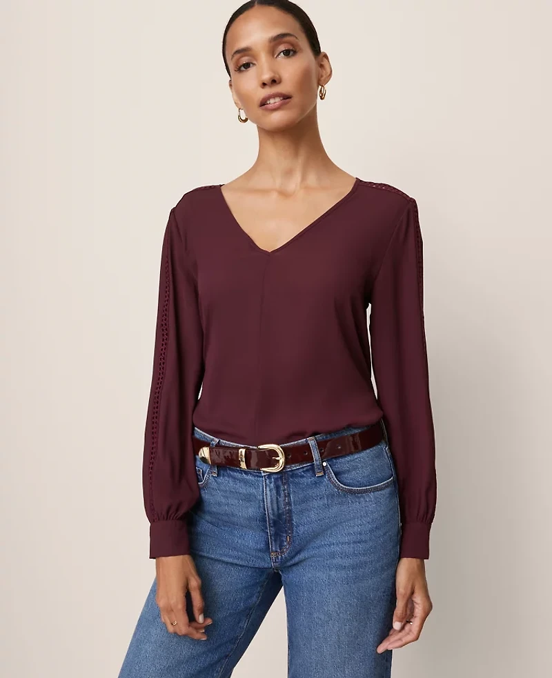 Ann Taylor Lace Trim Top Poised Plum Women's