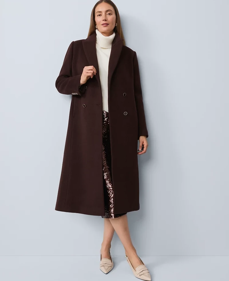 Ann Taylor Studio Collection Long Double Breasted Coat Pure Chocolate Women's