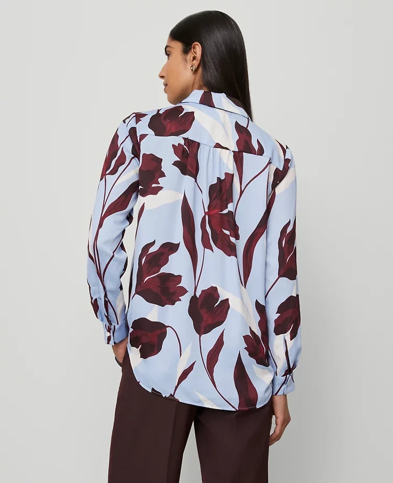 Ann Taylor Petite Floral Camp Shirt Placid Blue Women's