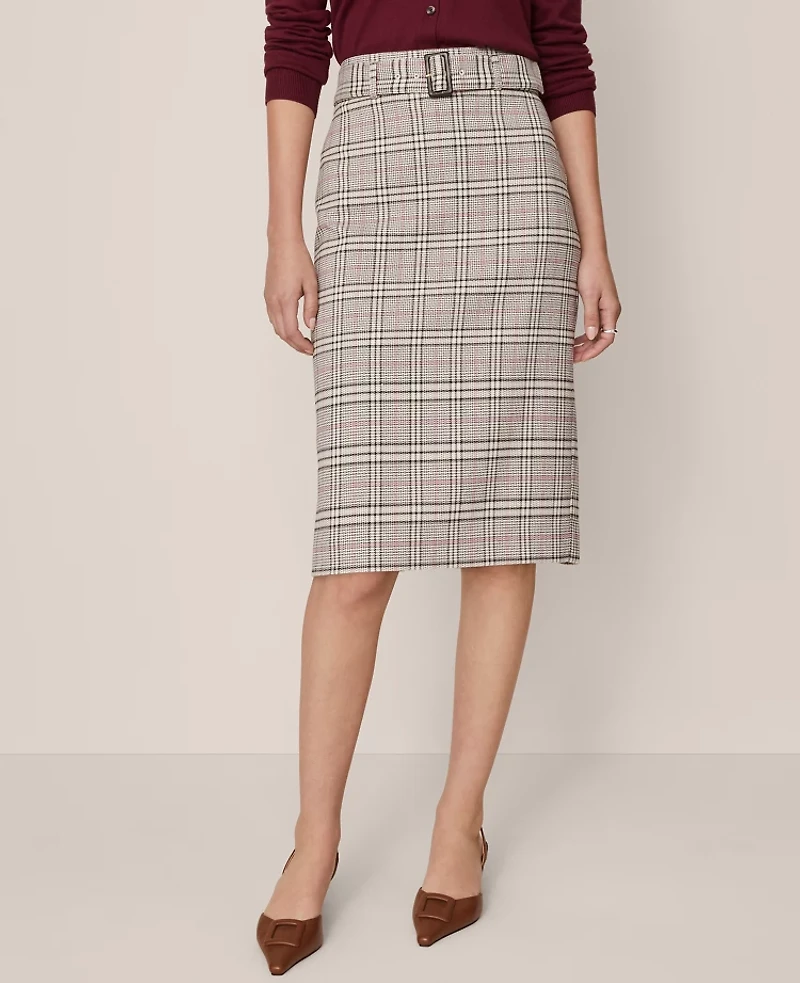 Ann Taylor Plaid Belted Midi Pencil Skirt Pale Sandalwood Women's