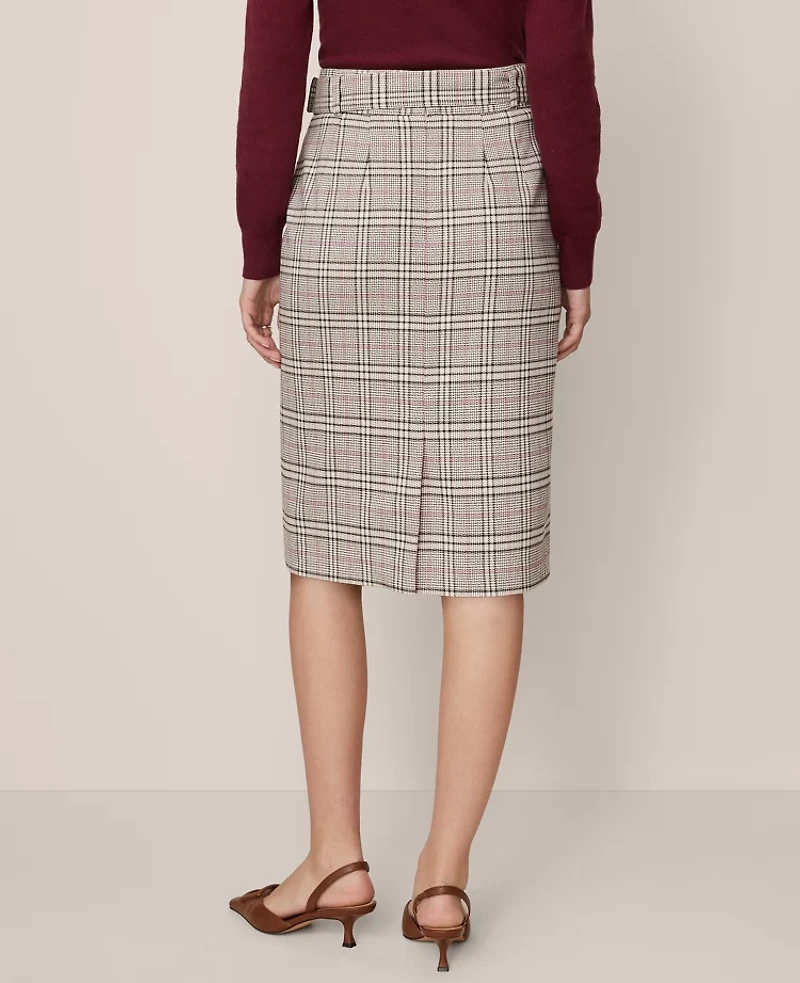 Ann Taylor Plaid Belted Midi Pencil Skirt Pale Sandalwood Women's