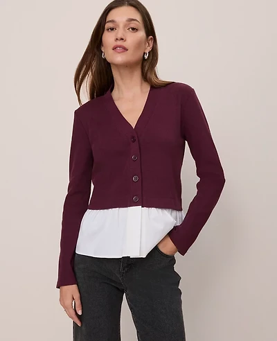 Ann Taylor Petite Weekend Collection Mixed Media Peplum Cardigan Size 2XS Poised Plum Women's