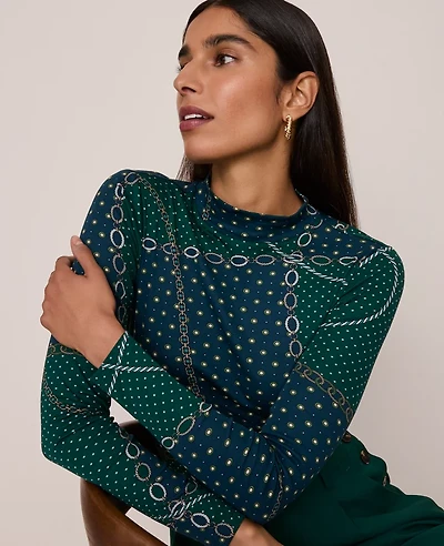 Ann Taylor Chain Link Mock Neck Top Night Garden Women's