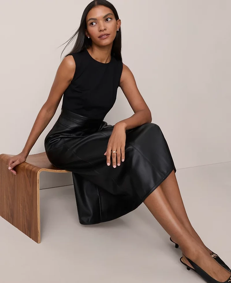 Ann Taylor Petite Mixed Media Flare Midi Dress Black Women's