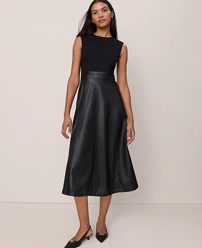 Ann Taylor Petite Mixed Media Flare Midi Dress Black Women's