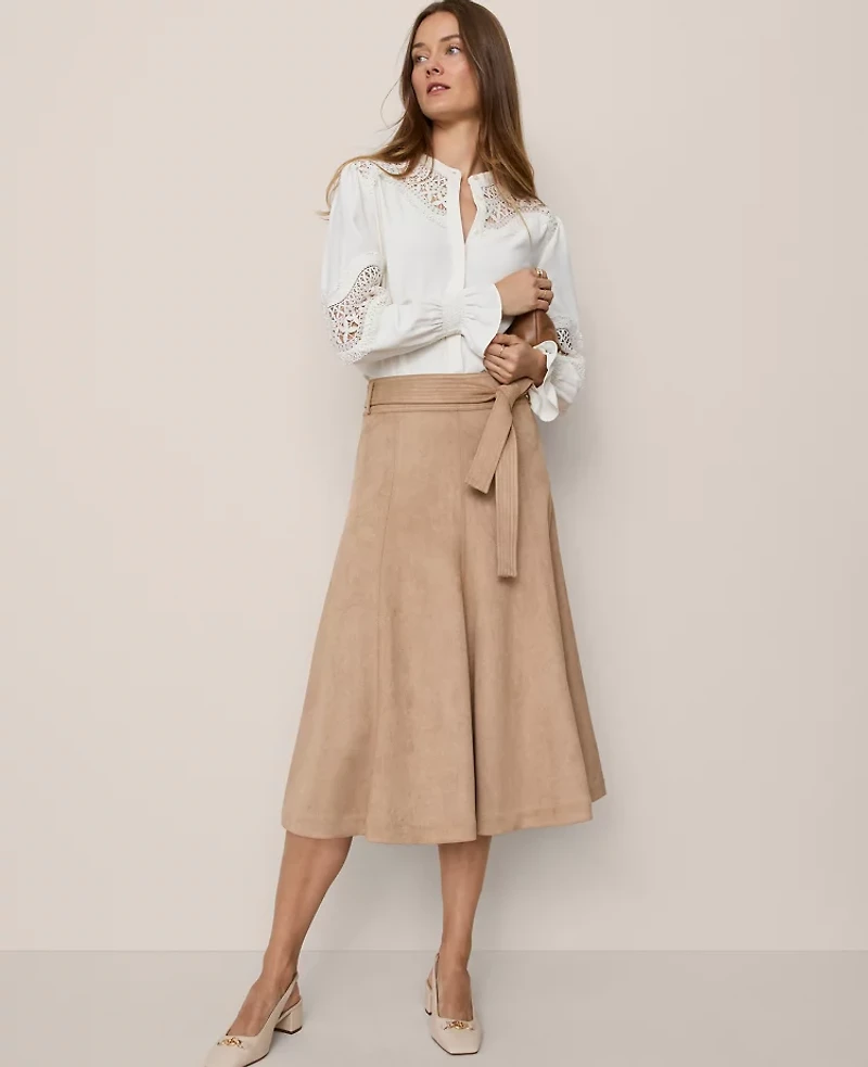 Ann Taylor Petite Belted Faux Suede Skirt Cashew Crunch Women's