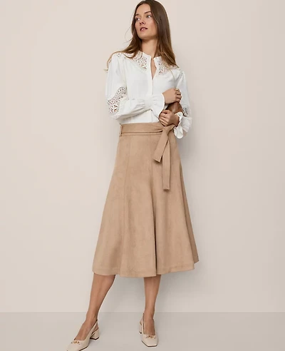 Ann Taylor Petite Belted Faux Suede Skirt Cashew Crunch Women's