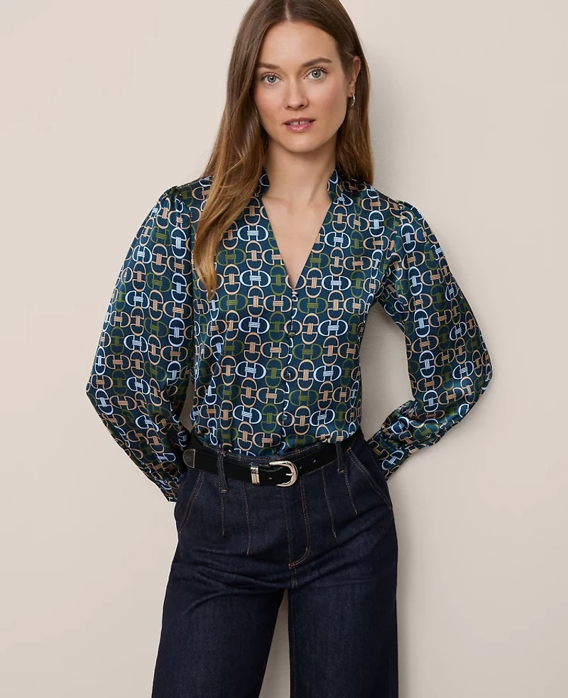 Ann Taylor Chain Link Print V-Neck Popover Top Moonlit Backdrop B Women's