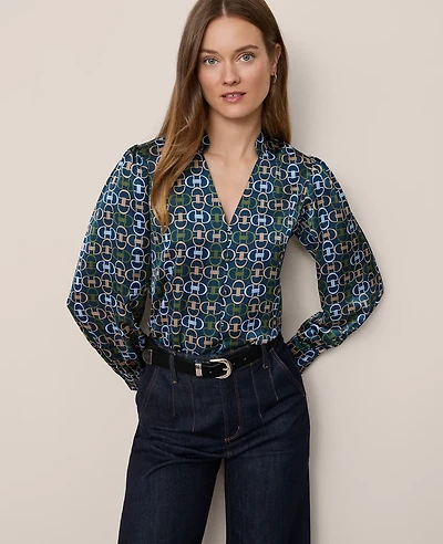 Ann Taylor Chain Link Print V-Neck Popover Top Moonlit Backdrop B Women's
