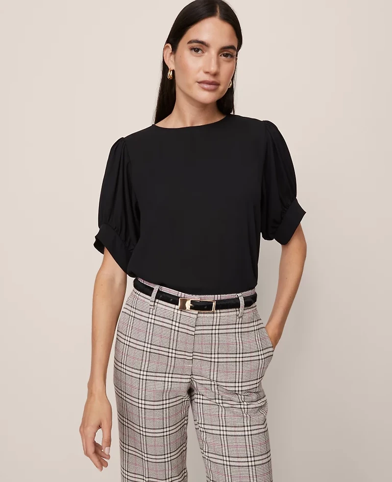 Ann Taylor Mixed Media Gathered Sleeve Top Black Women's