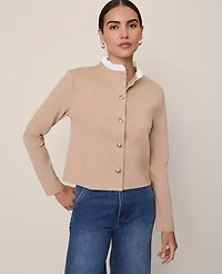 Ann Taylor Ruffle Neck Cardigan Ponte Light Nutmeg Heather Women's