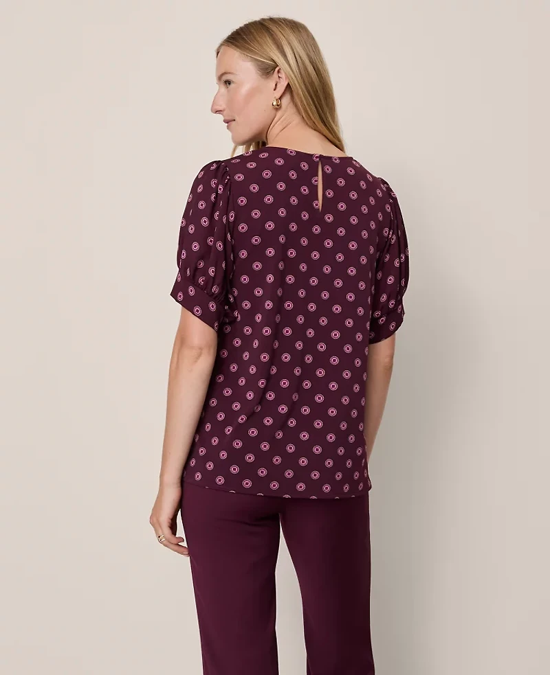 Ann Taylor Geo Mixed Media Gathered Sleeve Top Poised Plum Women's