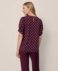 Ann Taylor Geo Mixed Media Gathered Sleeve Top Poised Plum Women's