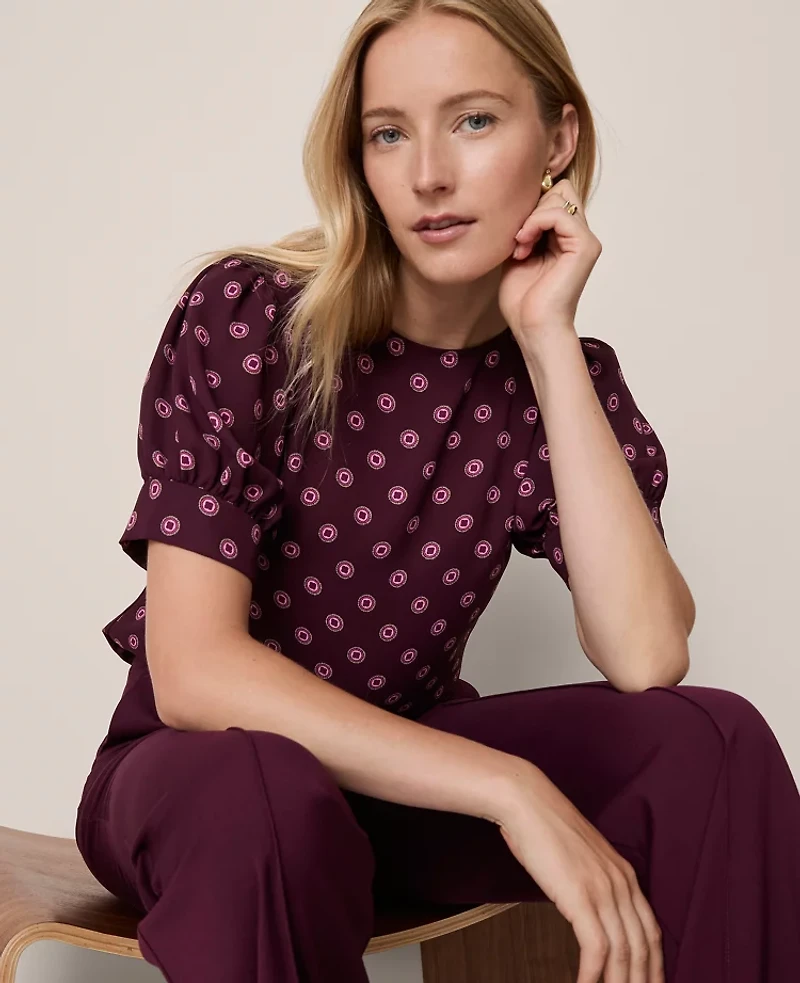 Ann Taylor Geo Mixed Media Gathered Sleeve Top Size XS Poised Plum Women's