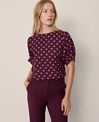 Ann Taylor Geo Mixed Media Gathered Sleeve Top Size XS Poised Plum Women's