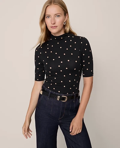 Ann Taylor Dotted Mock Neck Elbow Sleeve Top Cafe Au Lait Women's