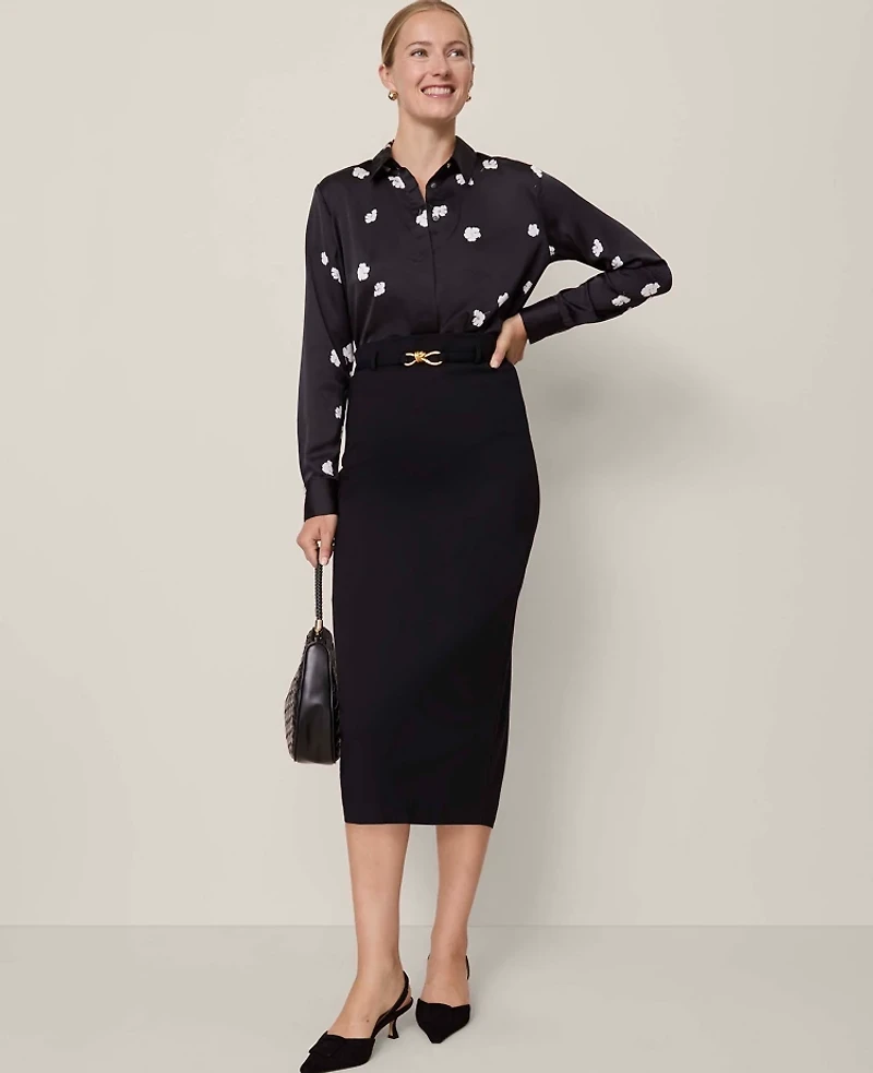 Ann Taylor Petite Belted Pencil Skirt Ponte Black Women's