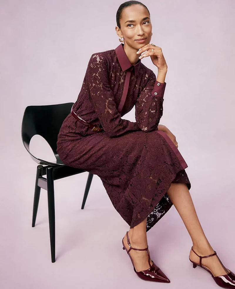 Ann Taylor Petite Belted Lace Midi Shirtdress Poised Plum Women's