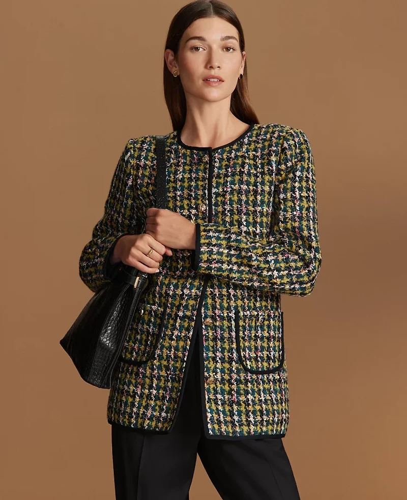 Ann Taylor The Petite Long Crew Neck Jacket Houndstooth Tweed Green/Navy Multi Women's