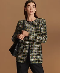 Ann Taylor The Petite Long Crew Neck Jacket Houndstooth Tweed Green/Navy Multi Women's