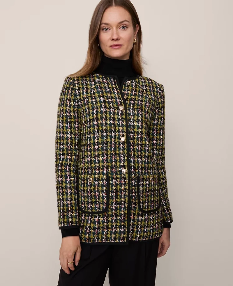 Ann Taylor The Petite Long Crew Neck Jacket Houndstooth Tweed Green/Navy Multi Women's