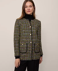 Ann Taylor The Petite Long Crew Neck Jacket Houndstooth Tweed Green/Navy Multi Women's