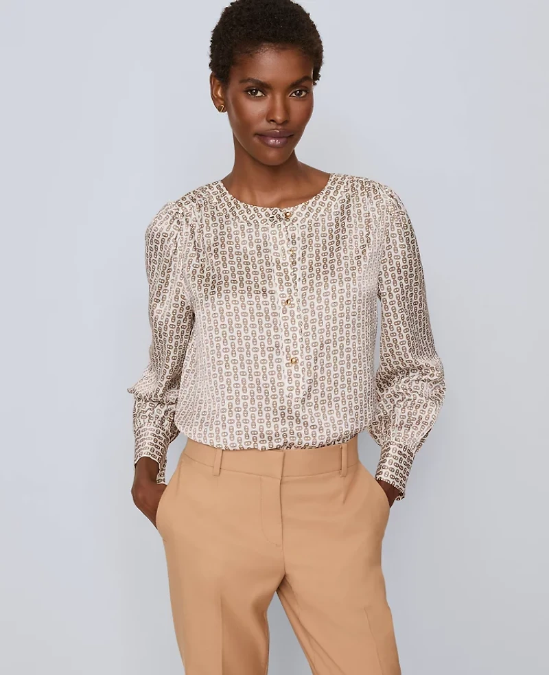 Ann Taylor Petite Chain Link Print Satin Popover Top Cafe Au Lait Women's