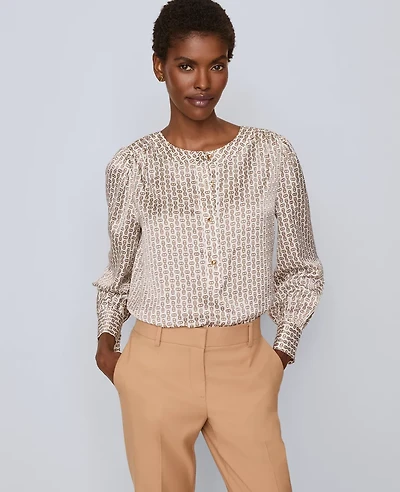 Ann Taylor Petite Chain Link Print Satin Popover Top Cafe Au Lait Women's