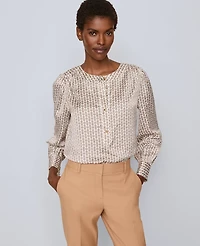 Ann Taylor Petite Chain Link Print Satin Popover Top Cafe Au Lait Women's