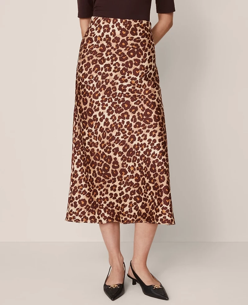 Ann Taylor Petite Animal Print Satin Bias Slip Skirt Pale Sandalwood Women's